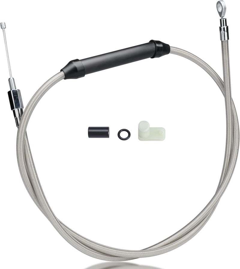 MoKitDora 62-15/16" Twin Cam Clutch Cable Stainless Steel Braided for 2007-2016 Harley Touring Dyna Softail & '18-Later M8 Models 6 Speed Transmission with Mechanical Clutch, Chrome - Image 1